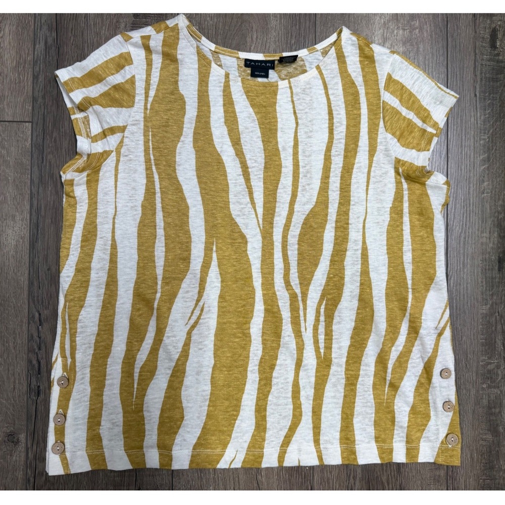 Tahari Womens Mustard Yellow Zebra Print 100% Linen Short Sleeve Top Size Medium